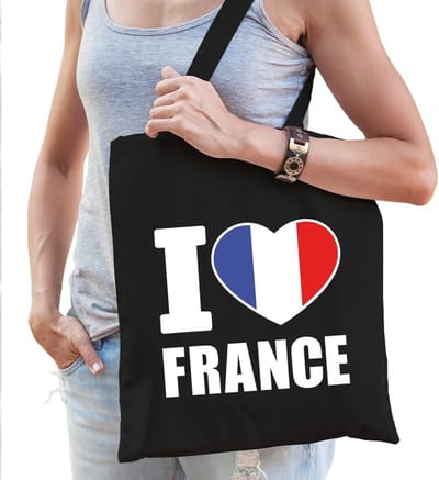 Katoenen Frankrijk tasje I love France zwart - 10 liter - Franse landen cadeautas