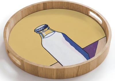 Dienblad rond 40x40 cm - Schootdienblad hout - Glazen - Fles - Illustratie - Melk - Borrelplank rechthoek - Plateau houten dienbladen