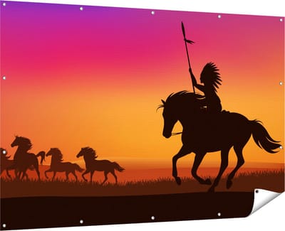 Gards Tuinposter Silhouet van een Indiaan op een Paard - 180x120 cm - Tuindoek - Tuindecoratie - Wanddecoratie buiten - Tuinschilderij