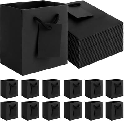 60 Stuks Geschenkzakjes met Handvat, 10 x 7 x 11,5 cm, Zwarte Cadeautasjes voor Kerst, Bruiloften en Feesten met Driestrengs Touw en Kaart