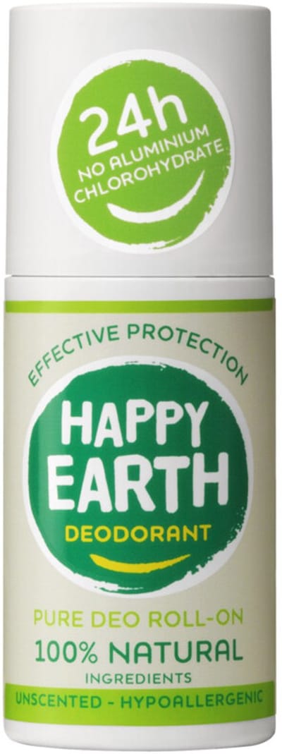 Happy Earth Deodorant Roller Unscented - 100% Natuurlijke Ingrediënten - 24 uur Bescherming - Parfumvrij - Geurloos - Aluminiumvrij - Alcoholvrij - Microplasticvrij - Vegan - 75mL