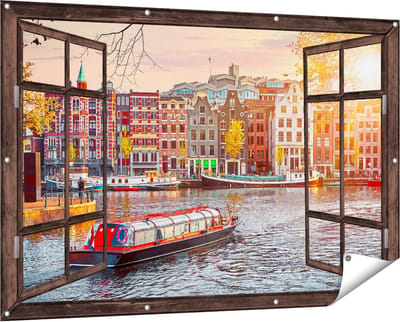 Gards Tuinposter Doorkijk Amsterdamse Huisjes vanaf de Grachten - 150x100 cm - Tuindoek - Tuindecoratie - Wanddecoratie buiten - Tuinschilderij