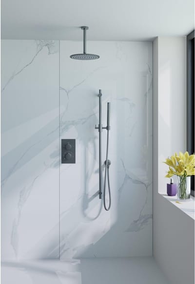 FugaFlow Eccelente Acces Inbouw Regendoucheset - thermostatisch - plafondarm - glijstang - 25cm hoofddouche - staaf handdouche - metalen doucheslang - geborsteld Gunmetal PVD