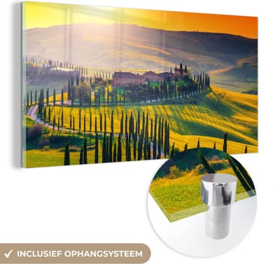 MuchoWow® Glasschilderij 40x20 cm - Schilderij acrylglas - Gras - Zon - Heuvel - Landschap - Foto op glas - Schilderijen