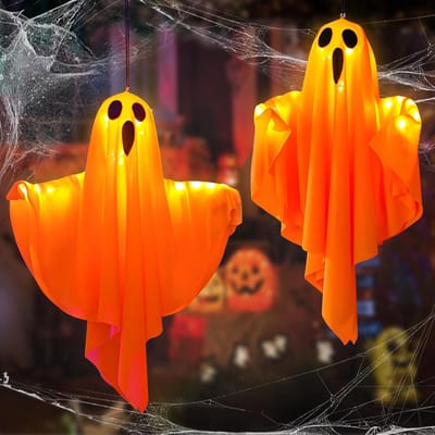 Spookachtige Hangdecoratie voor Halloween, Set van 2 Witte Spookjes, Lichtgevende Halloween Versiering voor een Griezelige Sfeer