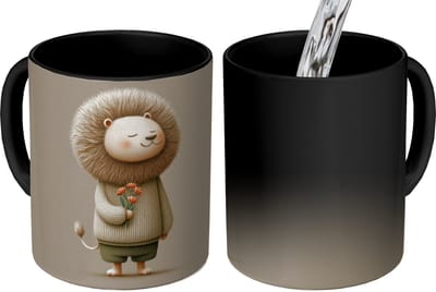Magische Mok - Foto op Warmte Mokken - Koffiemok - Leeuw - Oranje bloemen - Vriendelijk - Magic Mok - Beker - 350 ML - Theemok