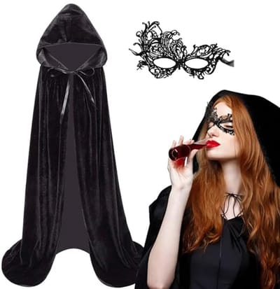 Thijox - Halloween kostuum dames zwarte fluwelen cape met masker set, middeleeuwse vampier look, 140/150/170cm, capuchon voor themafeesten, carnaval e