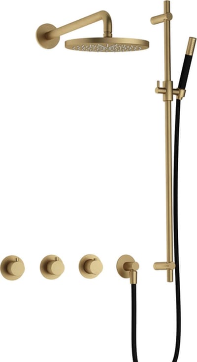 Hotbath Cobber IBS70 inbouw regendoucheset met staafhanddouche aan glijstang en 20cm ronde hoofddouche aan 40cm wandarm geborsteld messing