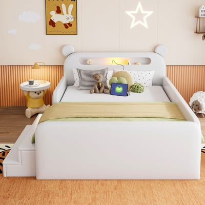 Kinderbed 140 x 200 cm - met berenhoofd hoofdeinde - nachtlamp - USB-oplaadpoort - met opbergruimte en trapstoel - wit - zonder matras