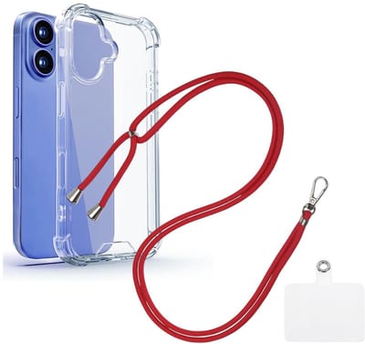 Shock Proof Case Hoes Geschikt voor iPhone 16 Plus Hoesje Transparant Met universele Telefoonkoord rood - Cover - Nek Hanger - Koord Hoes