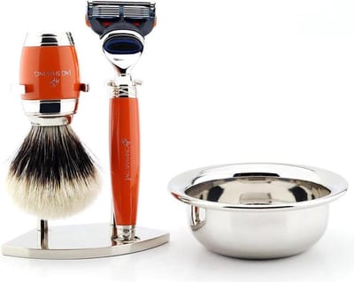 Handgemaakt herenscheermes met 5 randen, scheerkwast met zilveren punt, roestvrijstalen scheerstandaard en -kom Beste cadeauset (scheerset)