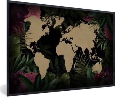 Poster in lijst - Fotolijst 90x60 cm - Posters - Wereldkaart - Bladeren - Jungle - Posterlijst zwart - Decoratie - Wanddecoratie woonkamer - Muurdecoratie slaapkamer