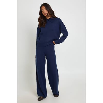 boohoo Dames Super zachte ronde hals gebreide chunky cardigan en wijde pijp broek co-ord | Navy | Maat: Medium