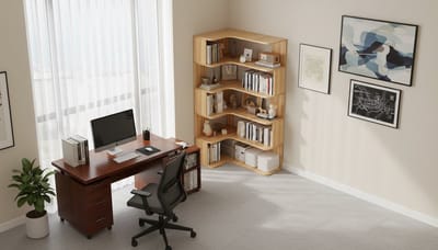 Hoekboekenkast Casa Velluto 6 niveaus – Moderne hoge L-vormige houten boekenplank met anti-valpaneel – Vrijstaand opbergrek voor woonkamer, thuiskantoor en slaapkamer – Houtkorrel afwerking