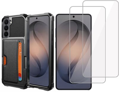 Pasjes Houder Hoesje & 2x Screenprotector geschikt voor Samsung Galaxy S26 Hoesje Screenprotector - Gehard Glas Cover + Heavy Duty Case - Magnetisch Portemonnee Hoesje Cover - Zwart