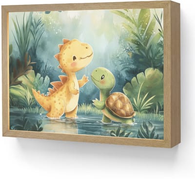 Nachtlampje 40x30 cm - Kinder lamp - Dinosaurus - Schildpad - Illustratie - Aquarel - Tafellamp kinderkamer draadloos - Slaapkamer lampje - Bedlamp kinderen - Kinderlampje - Wandlamp babykamer - Nachtlampjes