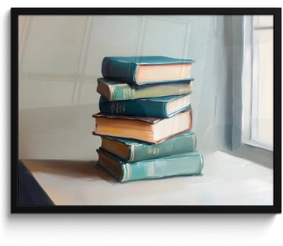 Poster in lijst - Fotolijst 70x50 cm - Posters - Stapel - Boeken - Groen - Daglicht - Posterlijst zwart - Decoratie - Wanddecoratie woonkamer - Muurdecoratie slaapkamer