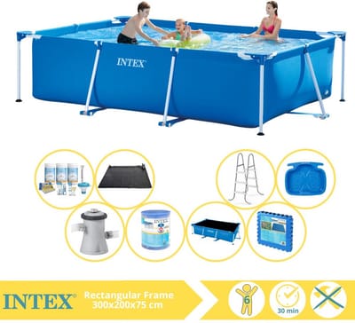 Intex Rechthoekig Frame Zwembad - 300 x 200 x 75 cm - Blauw - Inclusief Solarzeil - Onderhoudspakket - Zwembadfilterpomp - Filter - Solar Mat - Ladder - Voetenbad - Vloertegels - 9-delig