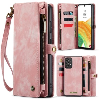Wallet Hoesje geschikt voor Samsung Galaxy A53 Hoesje - Solidenz Wallet Case A53 - Telefoonhoesje A53 - A53 Case met Pasjeshouder - met Ritsvak - met Polskoord - Portemonee Hoes - Roze