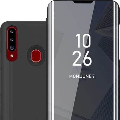Cadorabo Hoesje geschikt voor Samsung Galaxy A20s in TOERMALIJN ZWART - Clear View Spiegel Beschermende Case met Tribunefunctie 360 Graden Bescherming Book Case Cover Etui