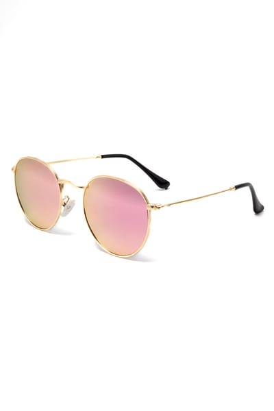 KIMU® Ronde Zonnebril Round Metal - Goud Montuur Rond - Roze Spiegelglazen - Retro Gouden Vintage Brilletje Festival