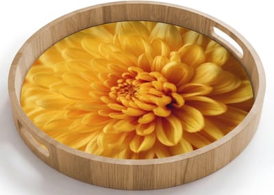 Dienblad rond 40x40 cm - Schootdienblad hout - Geel - Chrysant - Zachtheid - Borrelplank rechthoek - Plateau houten dienbladen