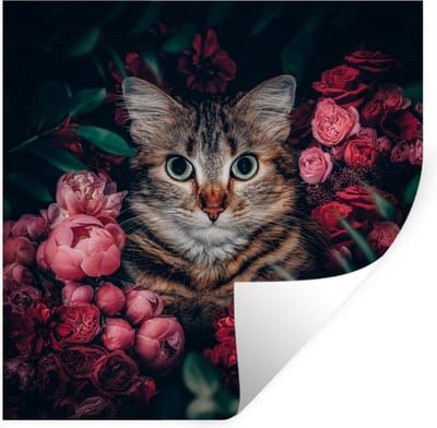 Muurstickers - Sticker Folie - Kat - Bloemen - Dieren - Botanisch - 100x100 cm - Plakfolie - Muurstickers Kinderkamer - Zelfklevend Behang XXL - Zelfklevend behangpapier - Stickerfolie