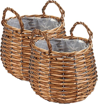 Set van 2x stuks plantenbak manden gevlochten riet met binnenmand 23 x 23 x 15 cm - Voor binnen/buiten