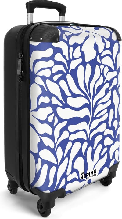 NoBoringSuitcases.com® - Cabine handbagage koffer lichtgewicht - Reiskoffer trolley - Blauw met witte bloemen - Rolkoffer op wieltjes - Reizen - Valies carryon reistrolley bagagekoffer - Past binnen 55x40x20 en 55x35x25
