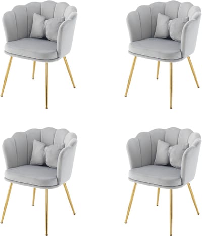 Merax Set van 4 Moderne Fluwelen Stoelen met Bladontwerp Rugleuning - Vergulde Metalen Poten en Kussens - Voor Woonkamer - Badkamer - Slaapkamer en Eetkamer - Grijs