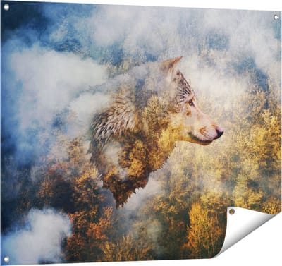 Gards Tuinposter Wolvenkop op een Herfstbos - Wolf - Abstract - 100x80 cm - Tuindoek - Tuindecoratie - Wanddecoratie buiten - Tuinschilderij