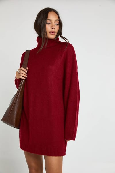 boohoo Dames Superzachte geborstelde gebreide rolhals minijurk | Bordeaux Rood | Maat: XS
