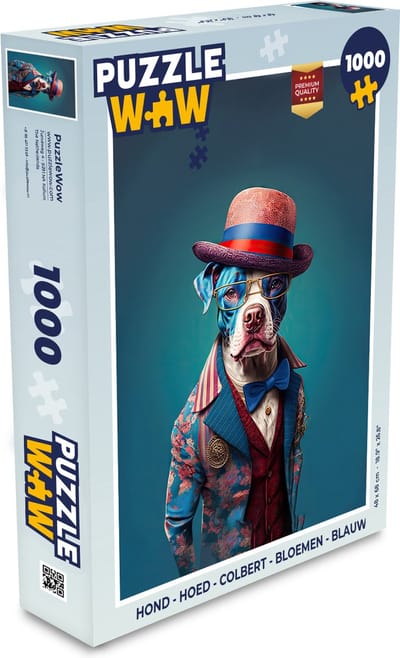 Puzzel Hond - Hoed - Colbert - Bloemen - Blauw - Legpuzzel - Puzzel 1000 stukjes volwassenen