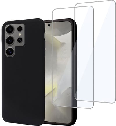 Geschikt voor Samsung Galaxy S24 Ultra - Hoesje + 2x Screenprotector – Gehard Glas Cover - Suède Case Zwart
