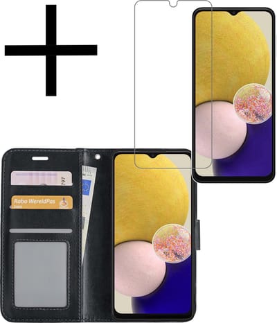 Hoesje - Met Screenprotector - Geschikt voor Samsung Galaxy A13 5G - Luxe Pasjeshouder - Bookcase Portemonee - Flip Case - Kunstleer Book Case - Flipcase - Book Cover - Walletcase - Portemonneehoes - Zwart