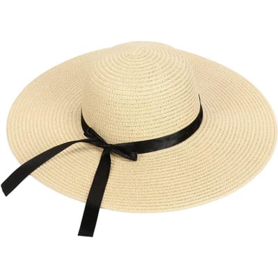 Chapeau de Soleil d'Été à Large Bord Pliable Floppy en Paille Casquette en Paille Chapeau de Plage Casquette d'Été à Nœud beige