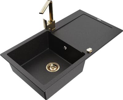 Mexen Leo granitische spoelbak met 1 bak met afdruiprek en keukenkraan Rita, zwart/zilver metallic - 6501-73-670300-50
