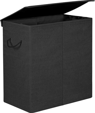 Wasmand 142 L, wasverzamelaar van imitatielinnen, wassorteerder, waskist met aparte vakken, magnetische deksel en handgrepen, opvouwbaar, waszak afneembaar, zwart HMLCB02BK