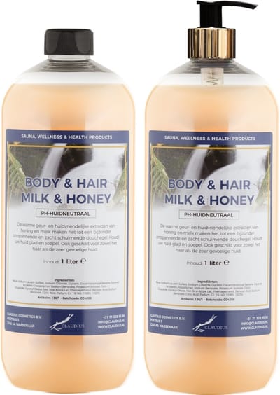 Body & Hair Milk & Honey 1 liter met gouden pomp - set van 2 stuks - 2 in 1 voor lichaam en haar - voordeelverpakking