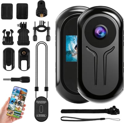 SnelShoppen - OBEST Mini Action Cam 2K 360 Actiecamera met Infrarood Nachtzicht, 120° Groothoek, Lichaamscamera met Display voor Avonturen, Sport, Fee