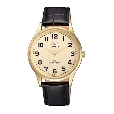 Q&Q C214J103Y - Horloge - Analoog - Heren - Mannen - Leren band - Rond - Staal - Cijfers - Zwart - Goudkleurig - 3 ATM