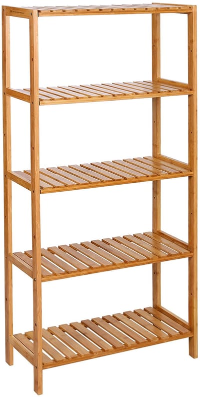 Opbergrek Opbergkast Boekenkast Displayrek Met 5 open planken Stevig duurzaam bamboeraam Modern strak en stijlvol ontwerp Voor badkamer keuken en slaapkamer 60 x 26 x 130 cm Houtkleur