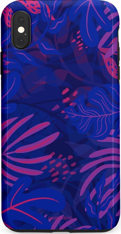 Casetastic hoesje geschikt voor Apple iPhone XS Max - Dubbellaagse bescherming - Neon jungle blad - Fashion Case - Donkerblauw Lavendel Roze