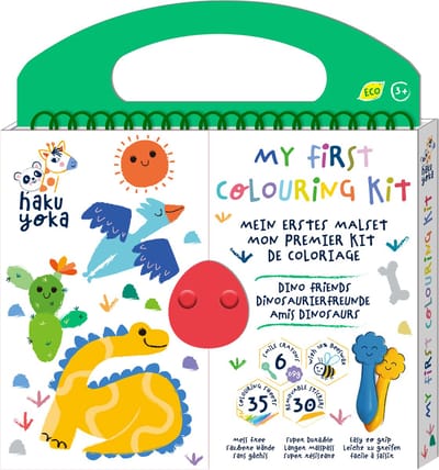 Haku Yoka: MIJN EERSTE KLEURKIT / DINOVRIENDEN 20,5x24x2cm, bevat 6 waskrijtjes met lachend gezichtje, 35 kleurvellen en afneembare stickers, bevat 10% bijenwas, 3+