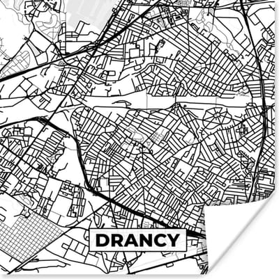 Poster Plattegrond - Drancy - Kaart - Frankrijk - Stadskaart - Zwart wit - 100x100 cm XXL