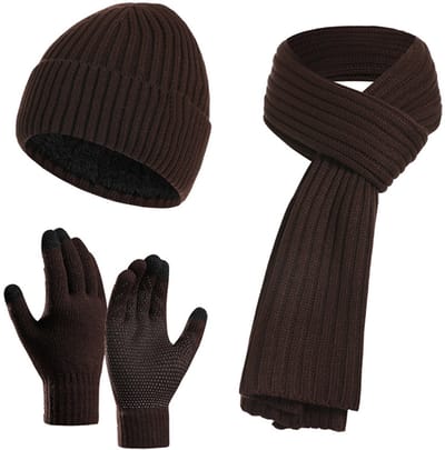 Muts, sjaal en handschoenen driedelige set - Winteroutfit - Touchscreen handschoenen - Winteroutfit heren - Winteroutfit dames - Unisex breiwerk - Geschikt voor skiën en buitenactiviteiten - Bruin