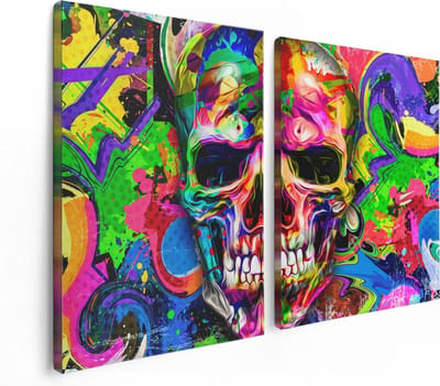 Artaza Canvas Schilderij Tweeluik Gekleurde Schedel - Doodskop - Doodshoofd - 120x80 cm - Wanddecoratie Woonkamer - Schilderijen - Muurdecoratie