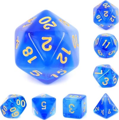 Polyset Dice | Polydice | Blauw Wit Glitters Transparant en Goud | Dobbelstenen Set Van 7 Stuks| Voor D&D en Andere Rollenspellen | Plastic Dobbelstenen Set voor Dungeons and Dragons | Polyhedral Dice Set | DnD / D&D / Dungeons and Dragons | Dice Bag