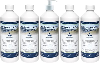 Handzeep Crème Eucalyptus 500 ml - set van 5 stuks - met gratis pomp - Voordeelverpakking