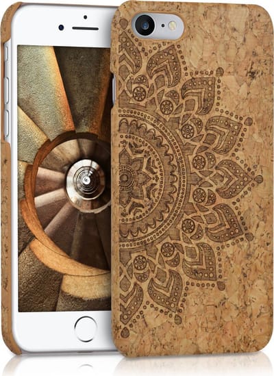 kwmobile Hoesje geschikt voor Apple iPhone SE (2022) / iPhone SE (2020) / iPhone 8 / iPhone 7 - Backcover van kurk in donkerbruin / lichtbruin - Opkomende Zon design